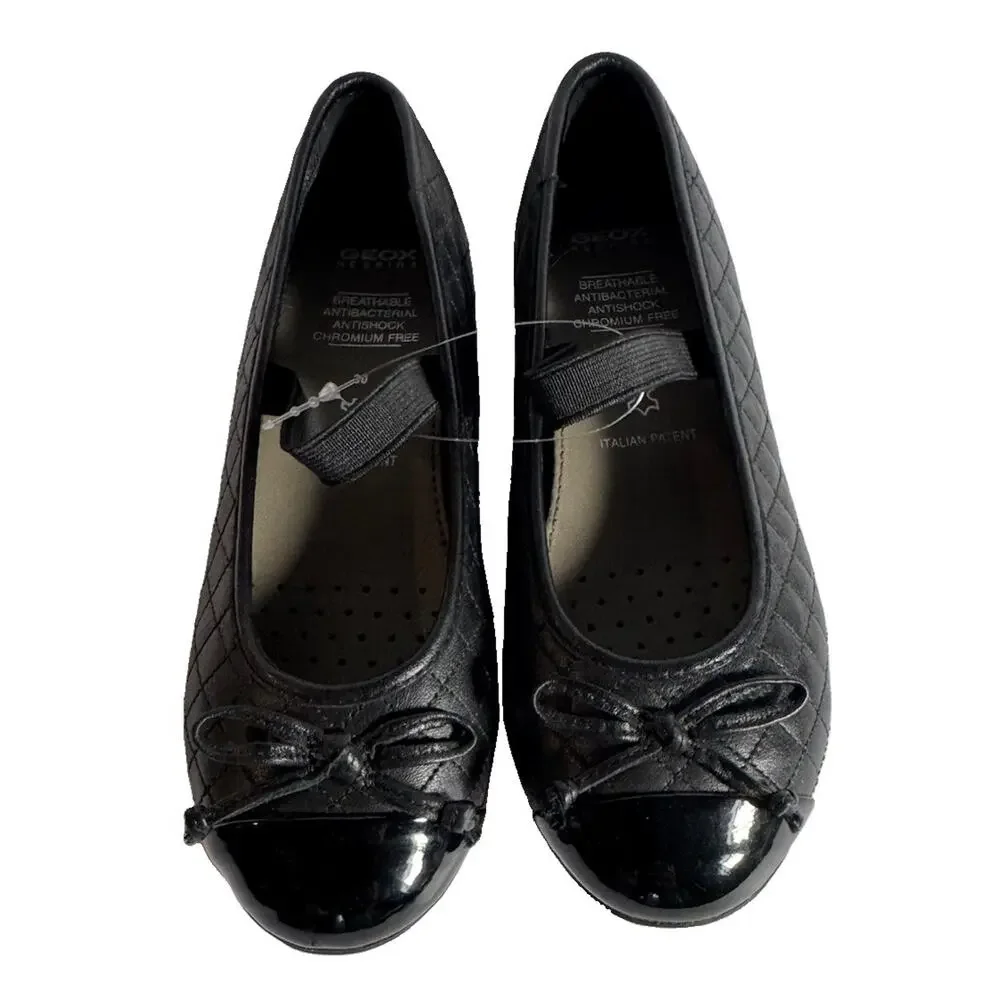 Geox Respira Girls Black Leather Ballet Flats Bow Patent Cap Toe EU 30